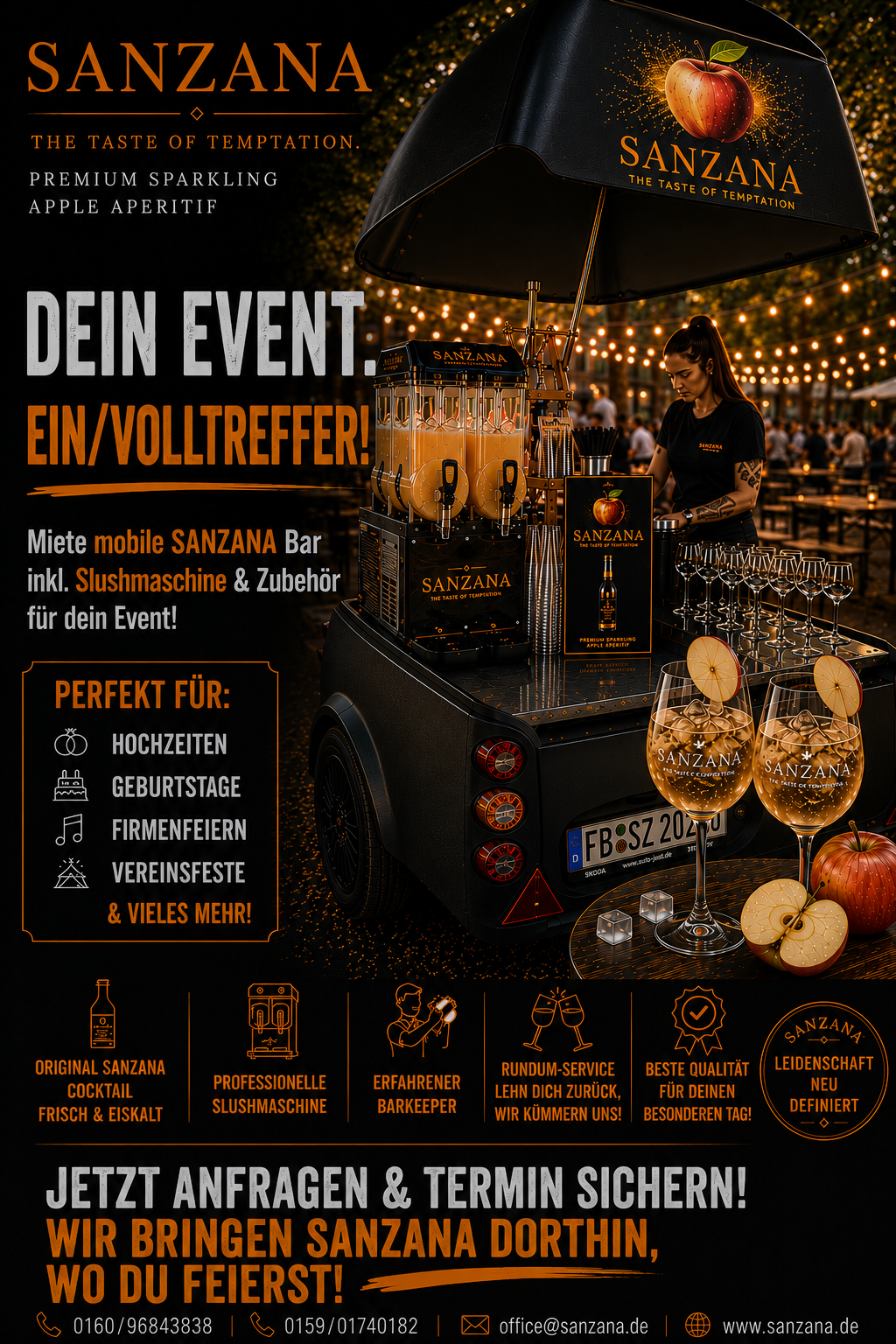SANZANA Mobile Bar mit Slushmaschine, Barkeeperin und Cocktailgläsern auf einem Event
