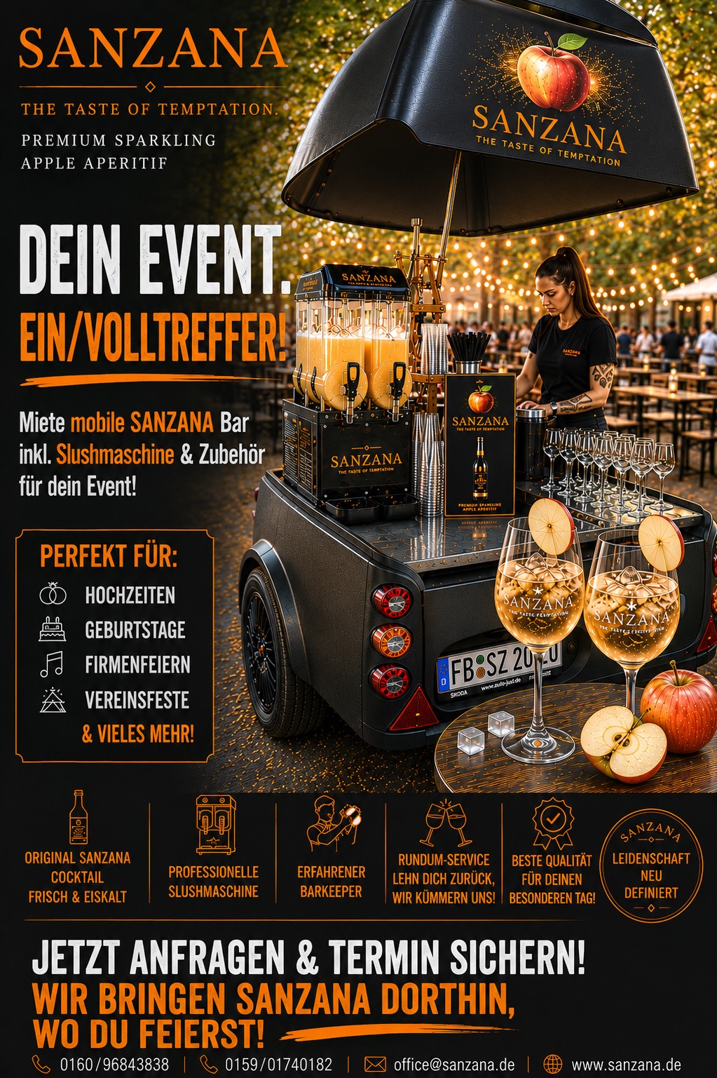 SANZANA mobile bar flyer: slush machine, bartender and cocktail glasses at an event